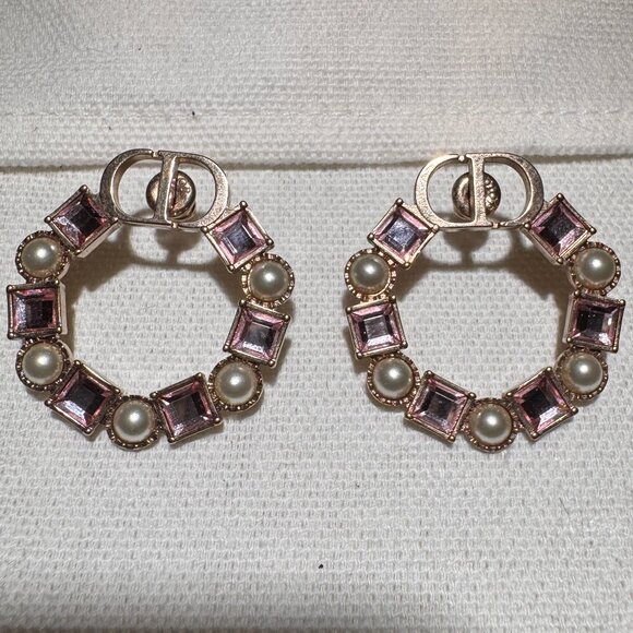 Christian Dior Petit CD w/Pink Crystal & Pearl Round Earrings - Picture 2 of 8